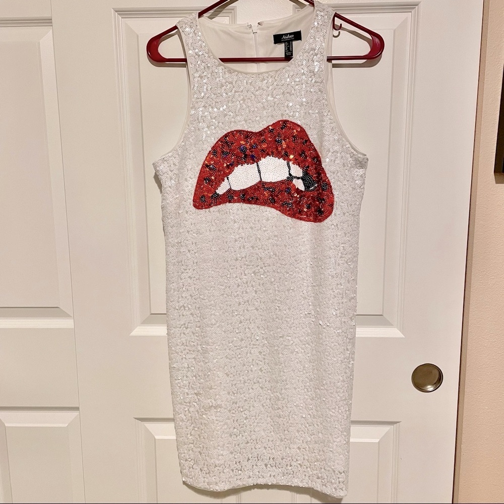 Aidan Maddox White Sequins Halter Biting Lips Dress 💋